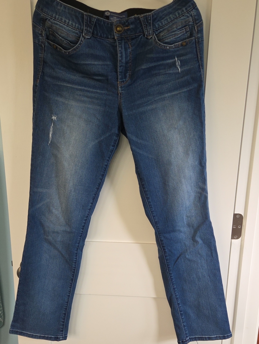 Democracy Straight Leg Distressed Mid-Rise Jeans in Dark Blue